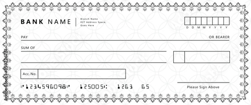 Bank check, vector blank money cheque, checkbook template with guilloche pattern and fields. Currency payment coupon, money check background