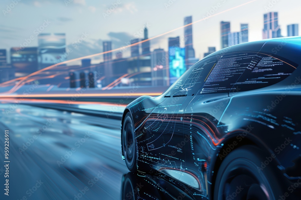 Obraz premium Futuristic car in motion with digital overlays, showcasing speed and technology against a city backdrop.
