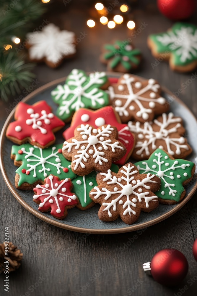 Festive holiday gingerbread cookies with colorful icing on a plate Festive holiday gingerbread cookies with colorful icing on a plate