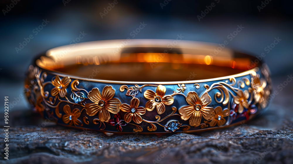 Floral Gold and Blue Enamel Bangle Bracelet - Realistic Photo
