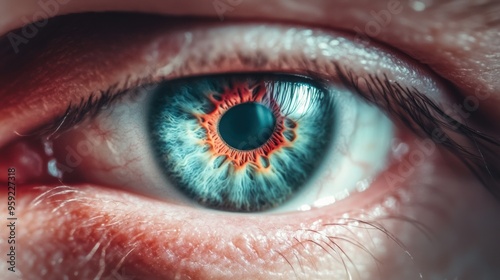 A close up of a blue eye with an iris that is red, AI