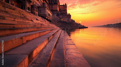 varanasi ghat sunrise view without people 
