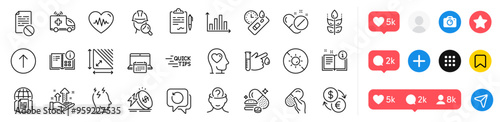 Energy price, Inspect and Analysis graph line icons pack. Social media icons. Manual, Capsule pill, Heartbeat web icon. Psychology, Overeating pills, Internet documents pictogram. Vector