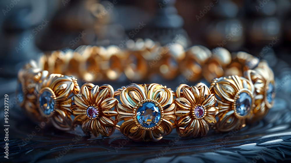 Obraz premium 3D Render of a Gold Bracelet with Blue and Pink Gemstones
