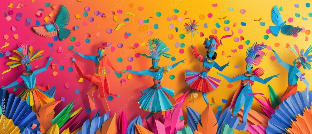 Vibrant paper art depicting dancing figures in colorful costumes celebrating a festive occasion with lively confetti. Vibrant paper art depicting dancing figures in colorful costumes celebrating a festive occasion with lively confetti.