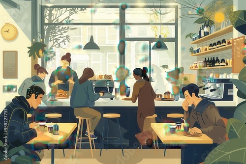 a group of people sitting at a table in a restaurant cozy cafe scene with patrons enjoying coffee and pastries