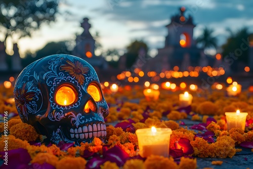 Colorful sugar skull adorned with marigolds, surrounded by candles in a traditional Mexican cemetery. Celebrate the Day of the Dead with this vibrant image