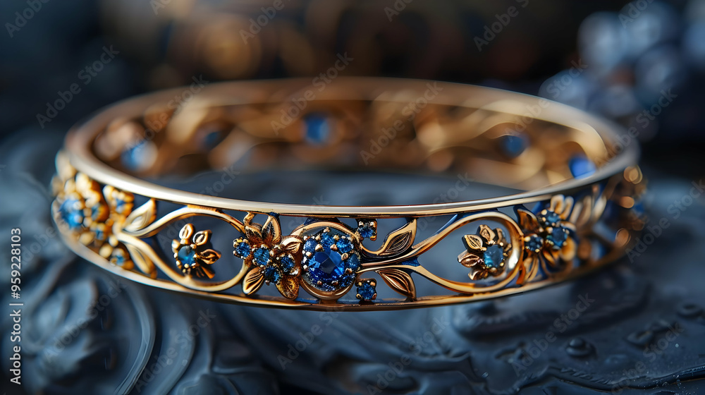 Golden Bracelet with Blue Gemstones and Floral Design - Photo Golden Bracelet with Blue Gemstones and Floral Design - Photo