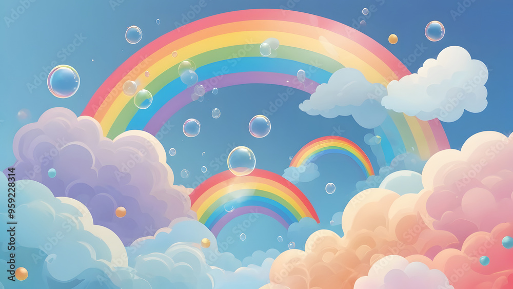 Pastel-toned clouds and flying rainbow foam background generative ai Pastel-toned clouds and flying rainbow foam background generative ai