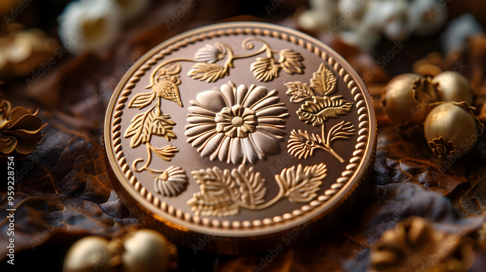 Gold Embossed Floral Design on Round Lid with Brown Background - Illustration Gold Embossed Floral Design on Round Lid with Brown Background - Illustration