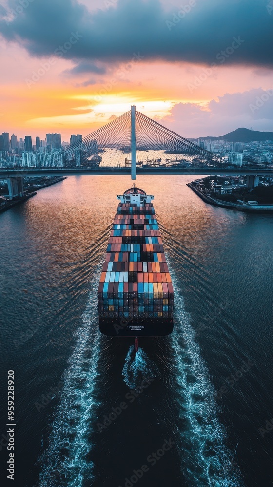 Naklejka premium A large container ship moves under a bridge during sunset, showcasing a vibrant sky and city skyline in the background