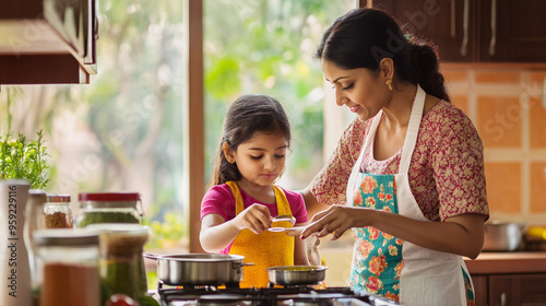 Indian mother and daughter cooking together
