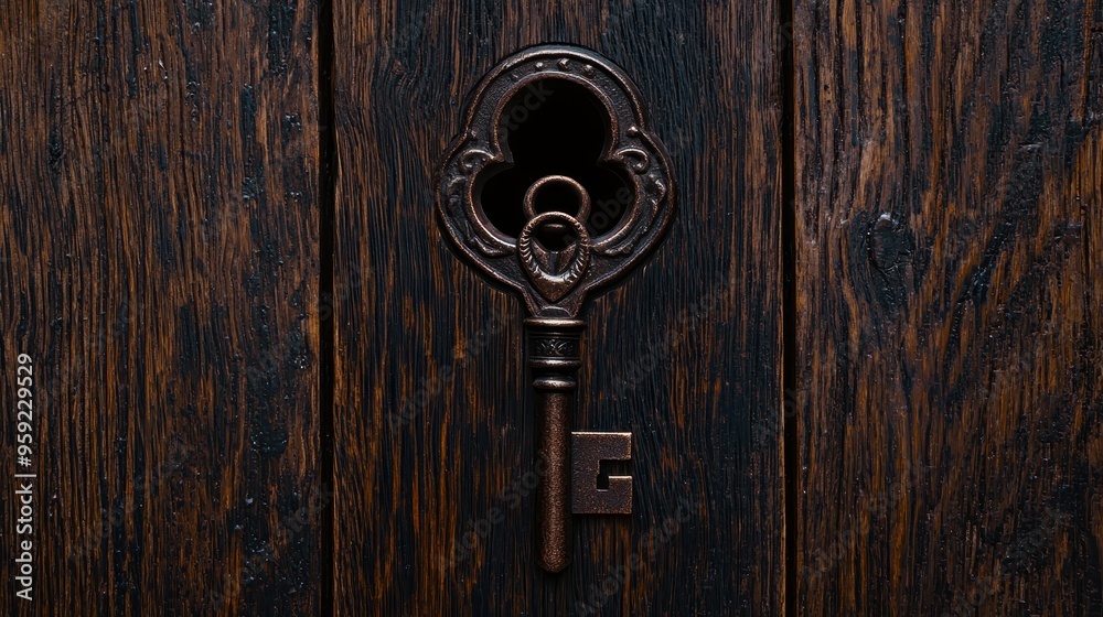 Antique Key on Dark Wooden Background Antique Key on Dark Wooden Background