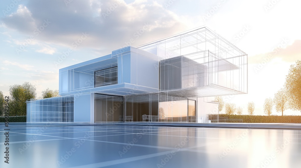 Modern architectural exterior design featuring an abstract blueprint or wire frame style Modern architectural exterior design featuring an abstract blueprint or wire frame style