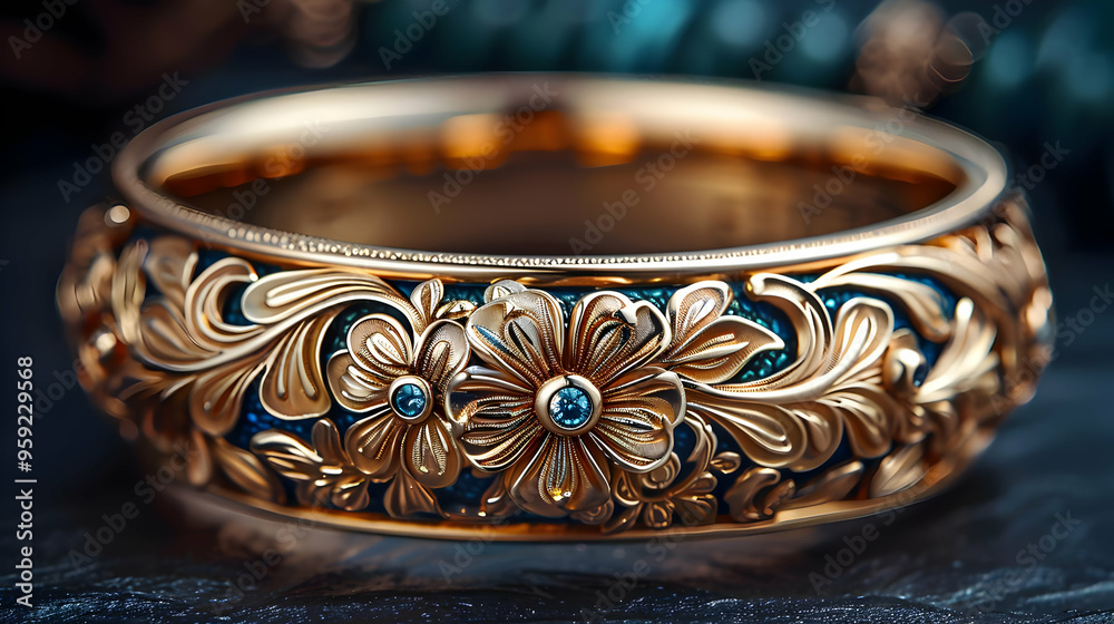 Gold Ring with Blue Gemstones and Intricate Floral Design - 3D Illustration Gold Ring with Blue Gemstones and Intricate Floral Design - 3D Illustration