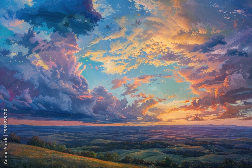 a painting of a sunset over a field delicate interplay of colors in a vibrant sunset over a serene landscape a painting of a sunset over a field delicate interplay of colors in a vibrant sunset over a serene landscape