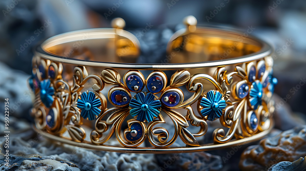 Gold and Blue Floral Bracelet - Realistic Image Gold and Blue Floral Bracelet - Realistic Image