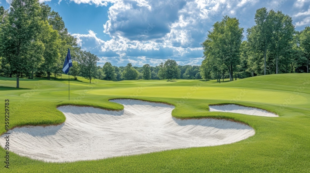 A golf course with a green and sand traps, AI A golf course with a green and sand traps, AI