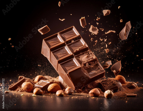 A chocolate bar breaking apart, with pieces flying in various directions, showcasing the ric (22).jpg photo