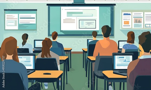 Students in a Classroom with Laptops Facing a Presentation Screen