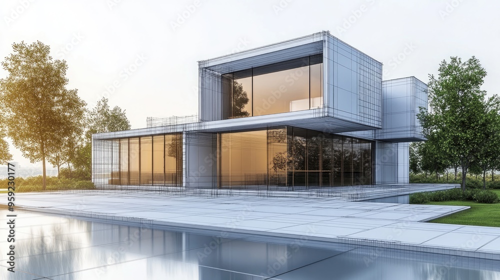 Modern architectural exterior design featuring an abstract blueprint or wire frame style Modern architectural exterior design featuring an abstract blueprint or wire frame style