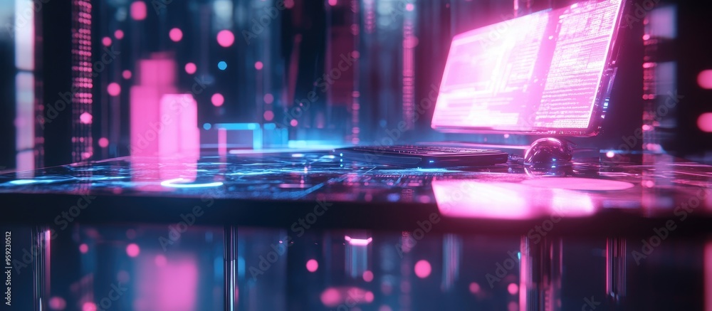 Technology themed illustration featuring a table and computer with a double exposure effect representing the concept of information