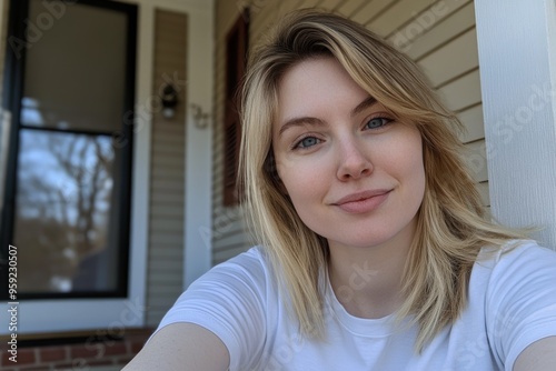 Casual Portrait of a Smiling Blonde Woman on a Porch. Generative AI.