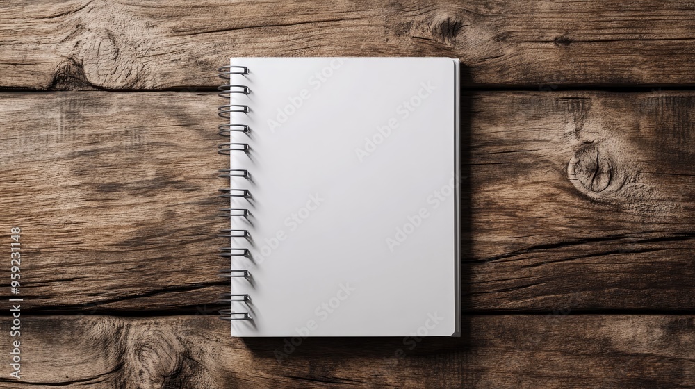 Aerial view of a notebook placed on a wooden surface featuring space for text or images Aerial view of a notebook placed on a wooden surface featuring space for text or images