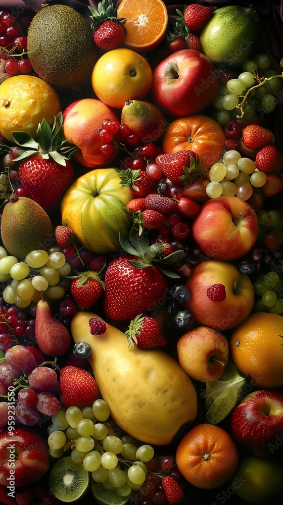 A vibrant and colorful still life of fresh fruits, including apples, oranges, grapes, strawberries, and more. A vibrant and colorful still life of fresh fruits, including apples, oranges, grapes, strawberries, and more.