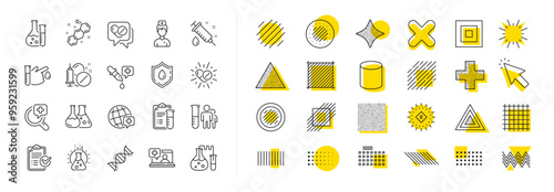 Drug testing, scientific discovery and disease prevention signs. Design shape elements. Medical healthcare, doctor line icons. Vector