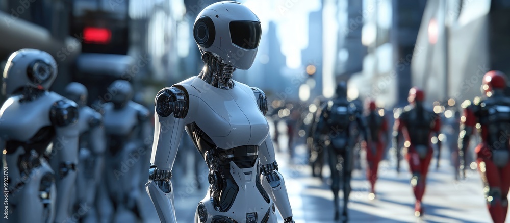 Female robot traversing a modern urban landscape alongside humans and other robots 3D rendering Female robot traversing a modern urban landscape alongside humans and other robots 3D rendering