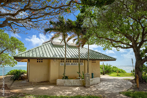 Facility building at Kaawa Beach Park on the Hawaiian island of Oahu, USA photo