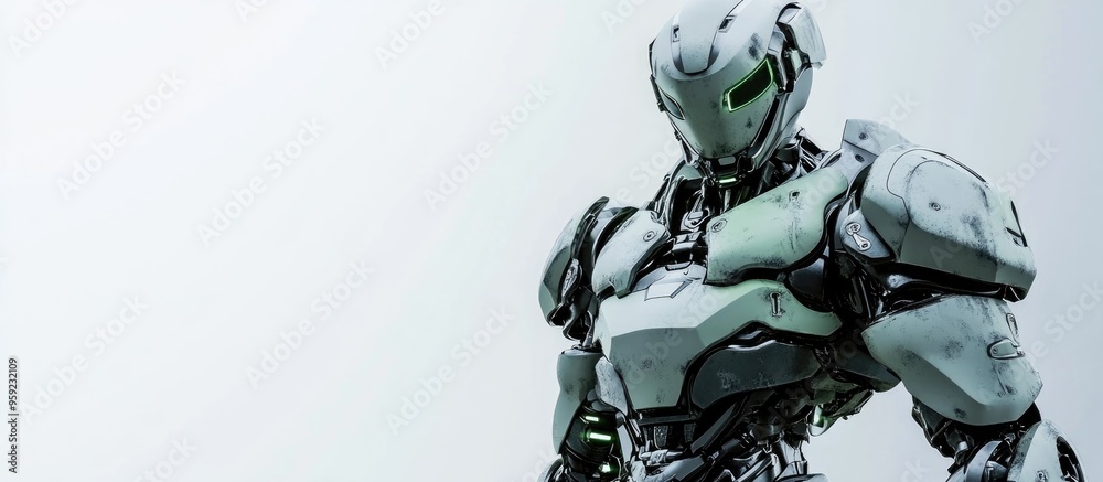 Futuristic mech soldier in green and gray metallic armor stands against a white background Scratch marks on the robot enhance its battle ready look 3D rendering Futuristic mech soldier in green and gray metallic armor stands against a white background Scratch marks on the robot enhance its battle ready look 3D rendering