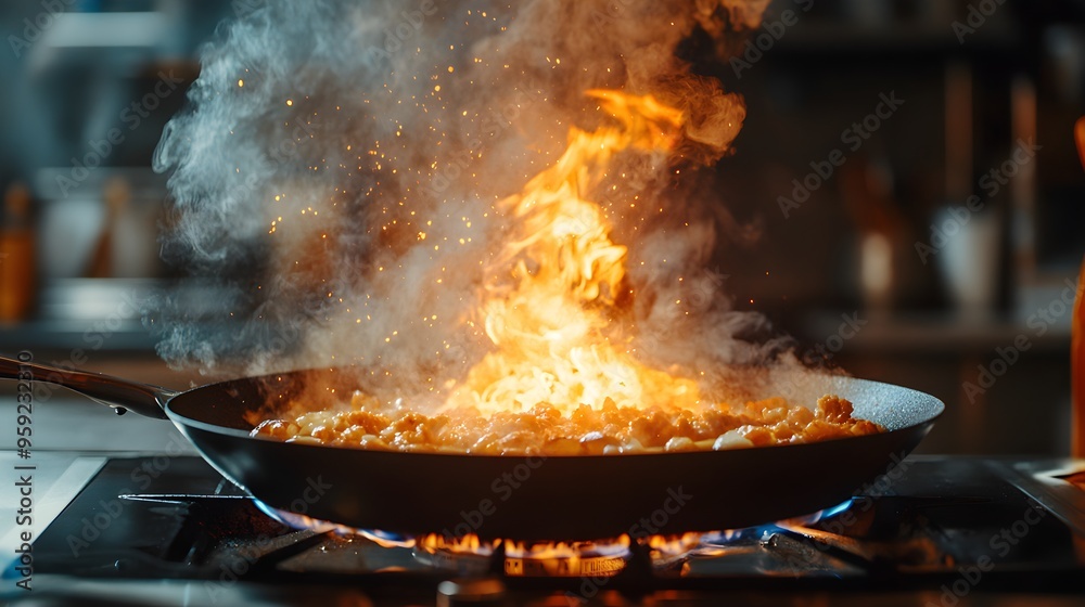 Close-up of a skillet with food sizzling, fire bursting from underneath, kitchen emergency, smoke and heat visible, high detail, cinematic composition Close-up of a skillet with food sizzling, fire bursting from underneath, kitchen emergency, smoke and heat visible, high detail, cinematic composition