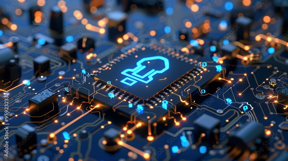 A Blue Lightbulb Icon Embedded on a Circuit Board A Blue Lightbulb Icon Embedded on a Circuit Board