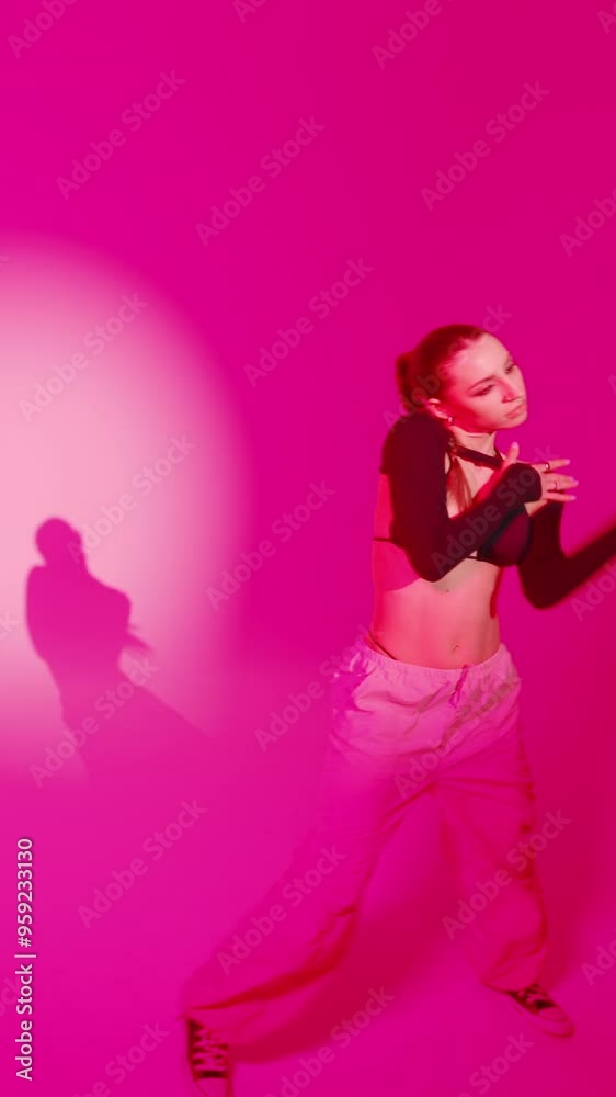 Vertical shot sexy woman dancing moves rhythmically performing hip hop dance in round light spot with purple color strobe flashing lights in studio environment. Female dancer modern choreography Vertical shot sexy woman dancing moves rhythmically performing hip hop dance in round light spot with purple color strobe flashing lights in studio environment. Female dancer modern choreography