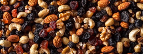 Pile of different nuts mix with dried fruit texture background, healthy lifestyle and fitness.