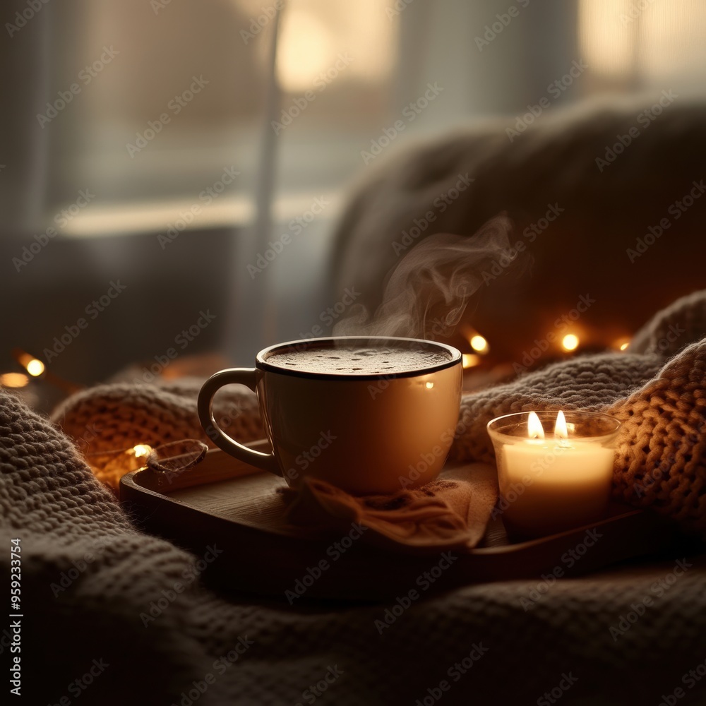 Cup of hot drink in autumn, Hot Choclate with candels on a cold day Cup of hot drink in autumn, Hot Choclate with candels on a cold day