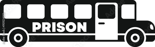 Simple black and white vector illustration of a prison bus transporting inmates to jail