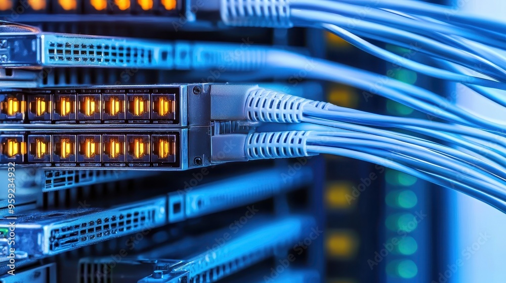 Network Server with Blue Cables and Active Lights Network Server with Blue Cables and Active Lights