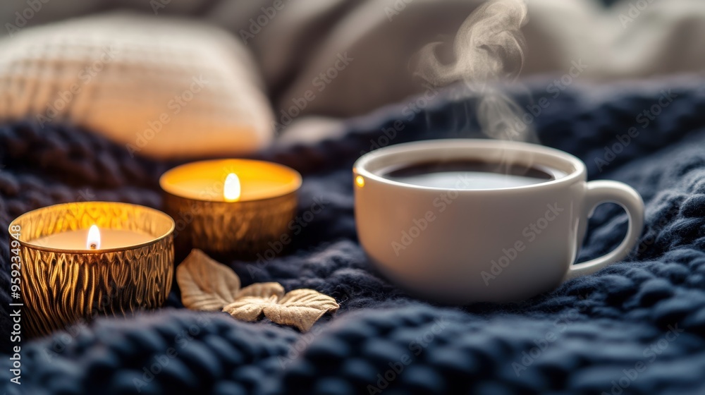 Cup of hot drink in autumn, Hot Choclate with candels on a cold day Cup of hot drink in autumn, Hot Choclate with candels on a cold day