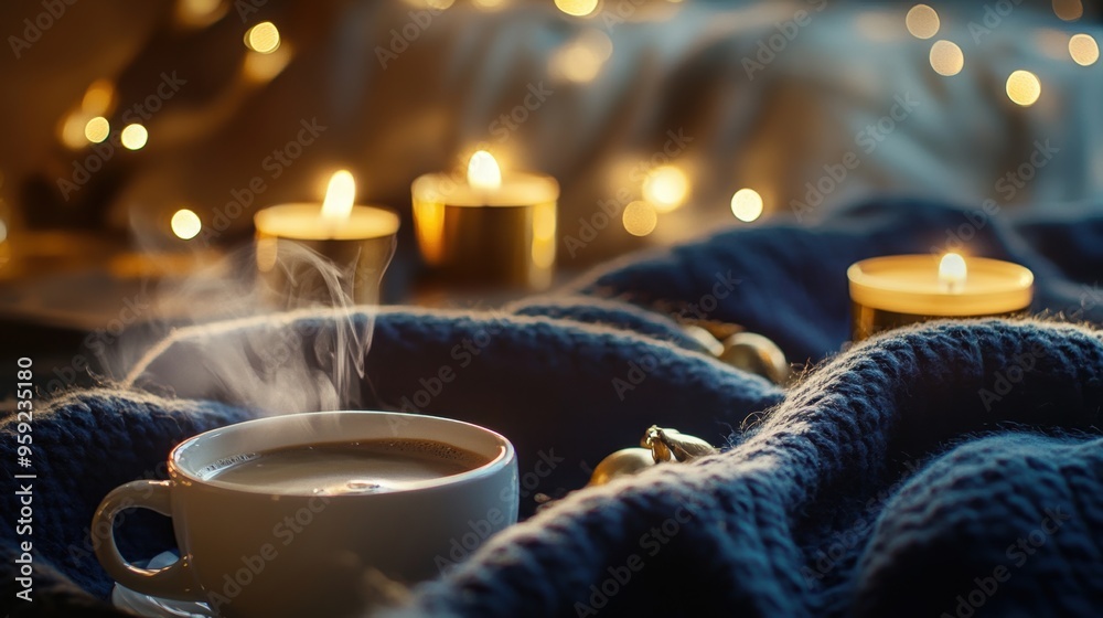 Fototapeta premium Cup of hot drink in autumn, Hot Choclate with candels on a cold day