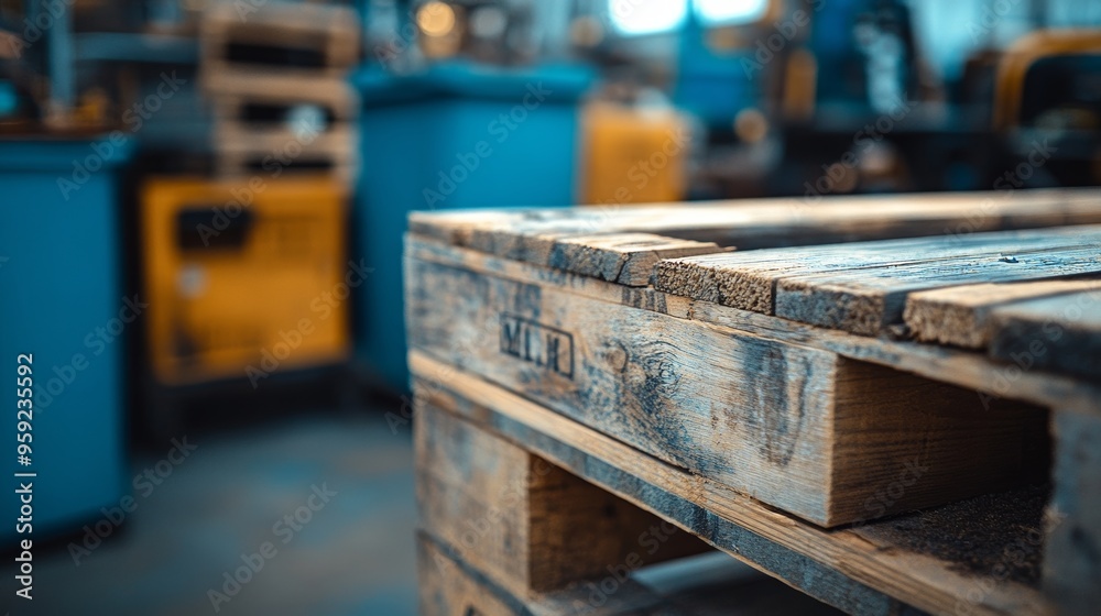 Close-up of a wooden pallet corner, showcasing its worn texture and sharp grain, with blurred industrial tools and boxes in the background Close-up of a wooden pallet corner, showcasing its worn texture and sharp grain, with blurred industrial tools and boxes in the background