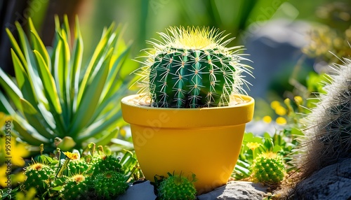 The green cactus in the sun grows in yellow flower pots and is surrounded by green lawns, showing the combination of nature and vitality. photo