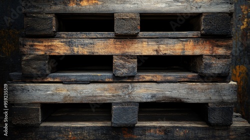 Close-up of a weathered wooden pallet, highlighting its rough texture and grain patterns, in an industrial warehouse with moody, dim lighting. Realism, monochromatic, photography