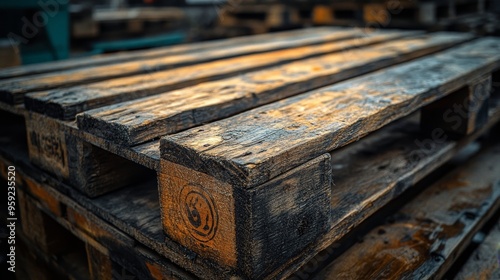 Close-up of a weathered wooden pallet, highlighting its rough texture and grain patterns, in an industrial warehouse with moody, dim lighting. Realism, monochromatic, photography