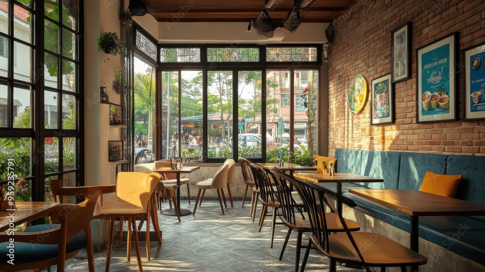 Cozy and Inviting Cafe Interior with Rustic Brick and Modern Furnishings Cozy and Inviting Cafe Interior with Rustic Brick and Modern Furnishings