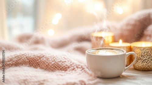 Cup of hot drink in autumn, Hot Choclate with candels on a cold day