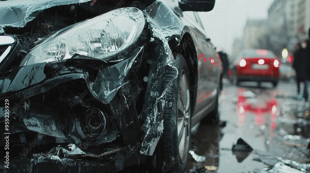 Damaged Car Front Close Up After Accident in City Street