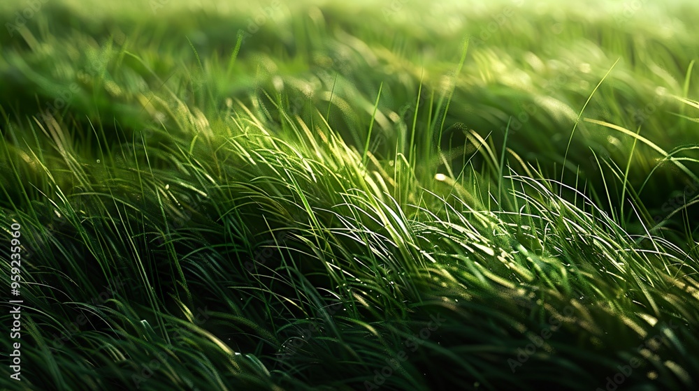 A close-up view of green grass blades blowing in the wind, bathed in warm sunlight.